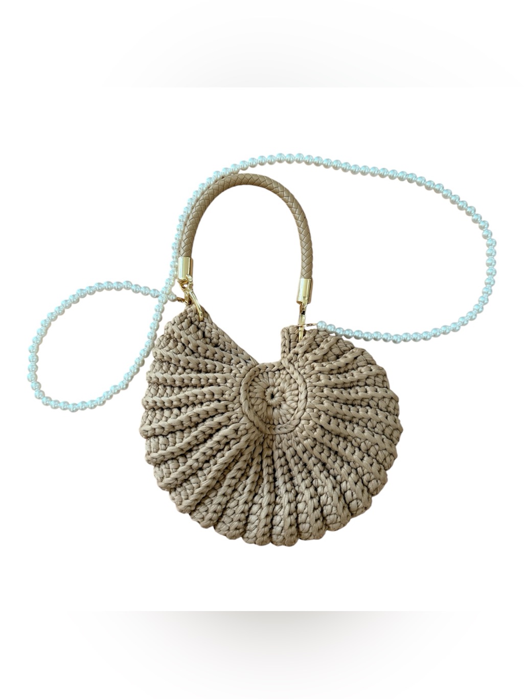 Beige Woven Round Crochet Crossbody Bag With Faux Pearl Strap
